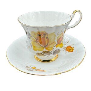 Vtg Royal London Bone China Tea Cup & Saucer Yellow Rose Gold Rim Made England